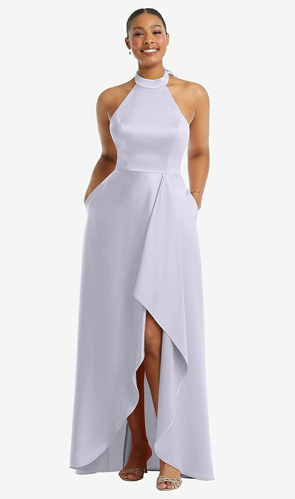 Front View - Silver Dove High-Neck Tie-Back Halter Cascading High Low Maxi Dress
