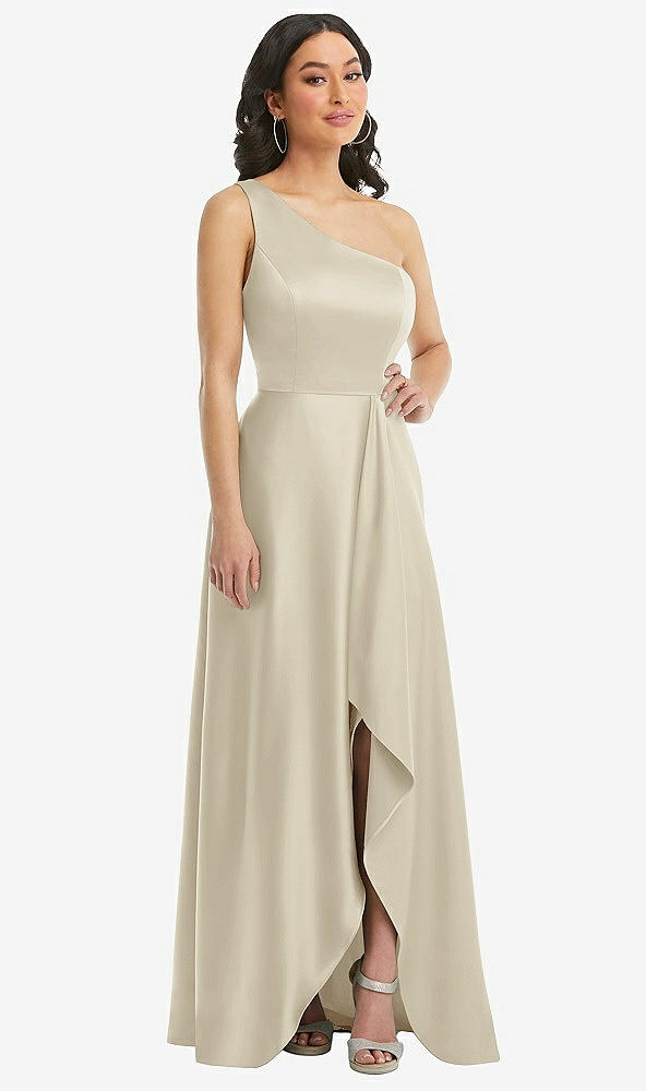 Front View - Champagne One-Shoulder High Low Maxi Dress with Pockets