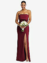 Alt View 2 Thumbnail - Burgundy Strapless Overlay Bodice Crepe Maxi Dress with Front Slit