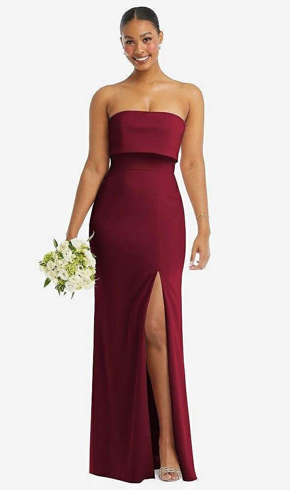 Front View - Burgundy Strapless Overlay Bodice Crepe Maxi Dress with Front Slit