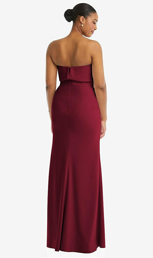 Back View - Burgundy Strapless Overlay Bodice Crepe Maxi Dress with Front Slit