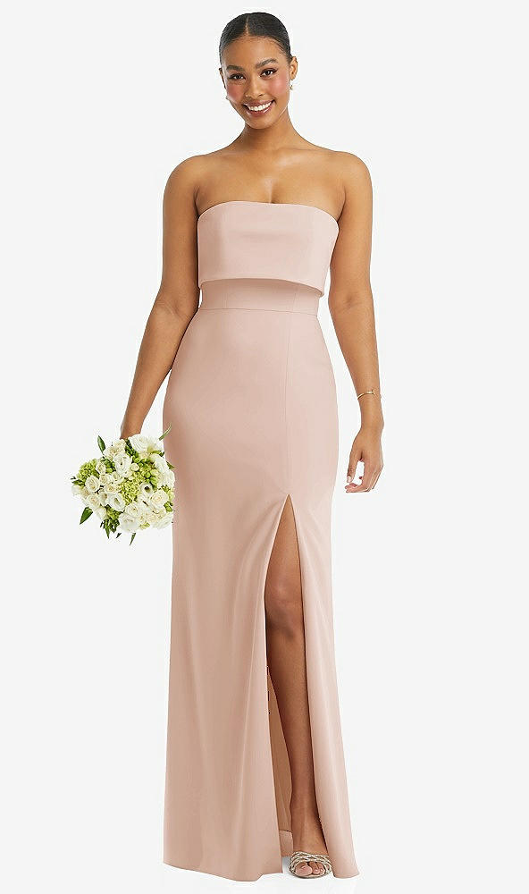 Front View - Cameo Strapless Overlay Bodice Crepe Maxi Dress with Front Slit
