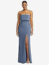 Alt View 1 Thumbnail - Larkspur Blue Strapless Overlay Bodice Crepe Maxi Dress with Front Slit