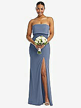 Alt View 2 Thumbnail - Larkspur Blue Strapless Overlay Bodice Crepe Maxi Dress with Front Slit