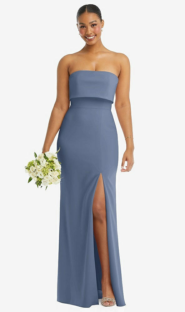 Front View - Larkspur Blue Strapless Overlay Bodice Crepe Maxi Dress with Front Slit