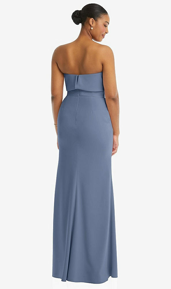 Back View - Larkspur Blue Strapless Overlay Bodice Crepe Maxi Dress with Front Slit