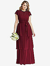 Front View Thumbnail - Burgundy Flutter Sleeve Jewel Neck Chiffon Maxi Dress with Tiered Ruffle Skirt