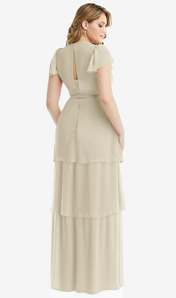 Back View - Champagne Flutter Sleeve Jewel Neck Chiffon Maxi Dress with Tiered Ruffle Skirt