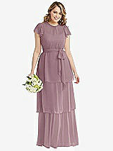 Front View Thumbnail - Dusty Rose Flutter Sleeve Jewel Neck Chiffon Maxi Dress with Tiered Ruffle Skirt