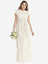 Front View Thumbnail - Ivory Flutter Sleeve Jewel Neck Chiffon Maxi Dress with Tiered Ruffle Skirt