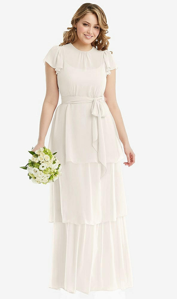Front View - Ivory Flutter Sleeve Jewel Neck Chiffon Maxi Dress with Tiered Ruffle Skirt