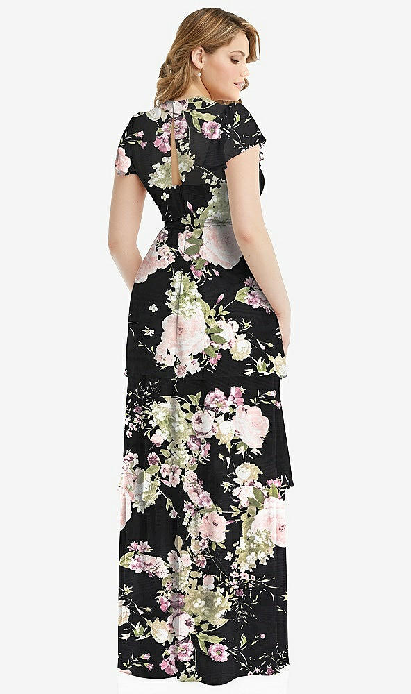 Back View - Noir Garden Flutter Sleeve Jewel Neck Chiffon Maxi Dress with Tiered Ruffle Skirt