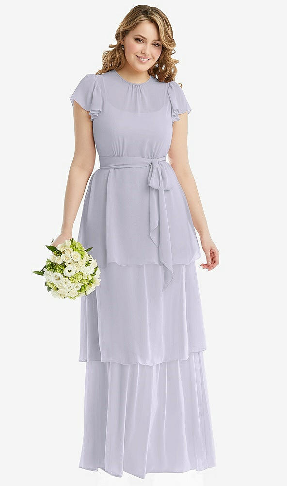 Front View - Silver Dove Flutter Sleeve Jewel Neck Chiffon Maxi Dress with Tiered Ruffle Skirt