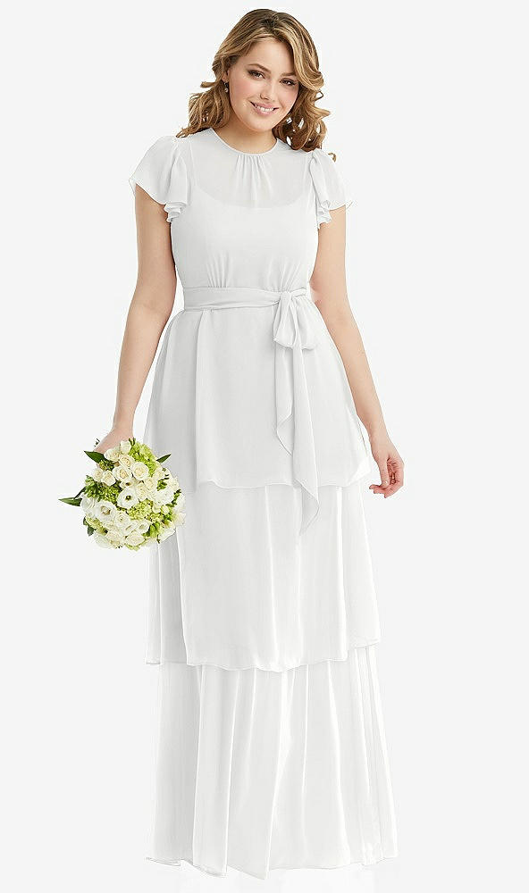 Front View - White Flutter Sleeve Jewel Neck Chiffon Maxi Dress with Tiered Ruffle Skirt