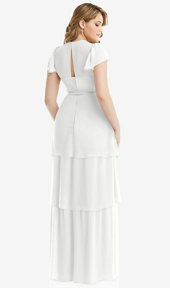 Back View - White Flutter Sleeve Jewel Neck Chiffon Maxi Dress with Tiered Ruffle Skirt