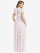 Rear View Thumbnail - Watercolor Print Flutter Sleeve Jewel Neck Chiffon Maxi Dress with Tiered Ruffle Skirt