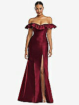 Front View Thumbnail - Burgundy Off-the-Shoulder Ruffle Neck Satin Trumpet Gown