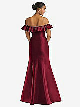 Rear View Thumbnail - Burgundy Off-the-Shoulder Ruffle Neck Satin Trumpet Gown