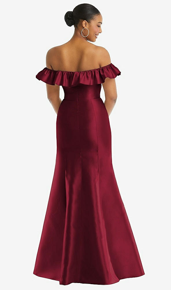 Back View - Burgundy Off-the-Shoulder Ruffle Neck Satin Trumpet Gown