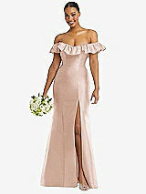Alt View 1 Thumbnail - Cameo Off-the-Shoulder Ruffle Neck Satin Trumpet Gown