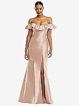 Front View Thumbnail - Cameo Off-the-Shoulder Ruffle Neck Satin Trumpet Gown