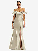 Front View Thumbnail - Champagne Off-the-Shoulder Ruffle Neck Satin Trumpet Gown