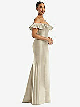 Side View Thumbnail - Champagne Off-the-Shoulder Ruffle Neck Satin Trumpet Gown