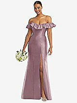 Alt View 1 Thumbnail - Dusty Rose Off-the-Shoulder Ruffle Neck Satin Trumpet Gown