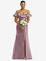 Alt View 2 Thumbnail - Dusty Rose Off-the-Shoulder Ruffle Neck Satin Trumpet Gown