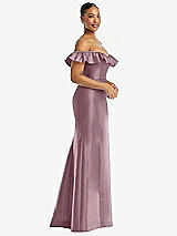Side View Thumbnail - Dusty Rose Off-the-Shoulder Ruffle Neck Satin Trumpet Gown