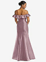 Rear View Thumbnail - Dusty Rose Off-the-Shoulder Ruffle Neck Satin Trumpet Gown