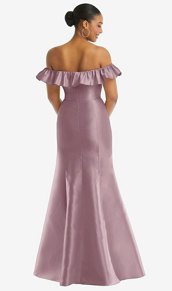 Back View - Dusty Rose Off-the-Shoulder Ruffle Neck Satin Trumpet Gown