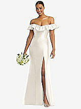 Alt View 1 Thumbnail - Ivory Off-the-Shoulder Ruffle Neck Satin Trumpet Gown