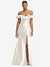 Front View Thumbnail - Ivory Off-the-Shoulder Ruffle Neck Satin Trumpet Gown