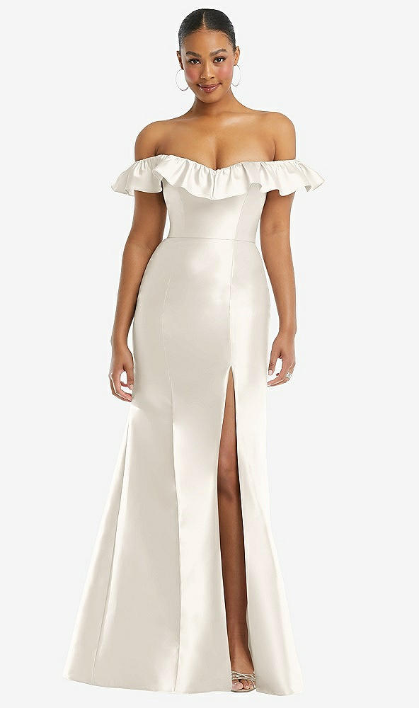 Front View - Ivory Off-the-Shoulder Ruffle Neck Satin Trumpet Gown