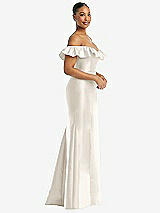 Side View Thumbnail - Ivory Off-the-Shoulder Ruffle Neck Satin Trumpet Gown