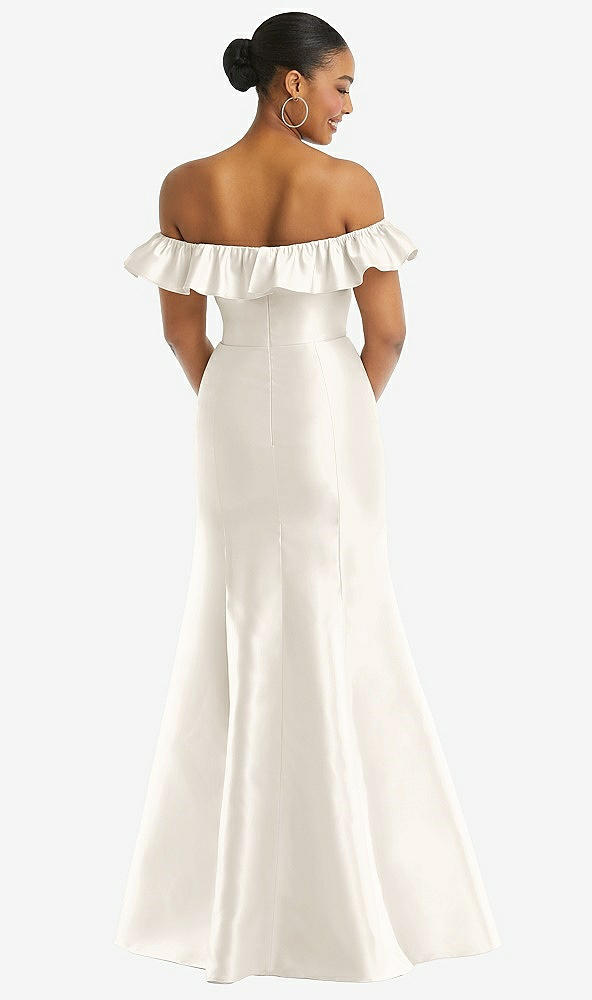 Back View - Ivory Off-the-Shoulder Ruffle Neck Satin Trumpet Gown
