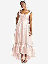Front View Thumbnail - Blush Cap Sleeve Deep Ruffle Hem Satin High Low Dress with Pockets