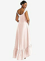 Rear View Thumbnail - Blush Cap Sleeve Deep Ruffle Hem Satin High Low Dress with Pockets
