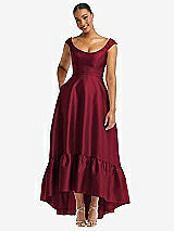 Front View Thumbnail - Burgundy Cap Sleeve Deep Ruffle Hem Satin High Low Dress with Pockets