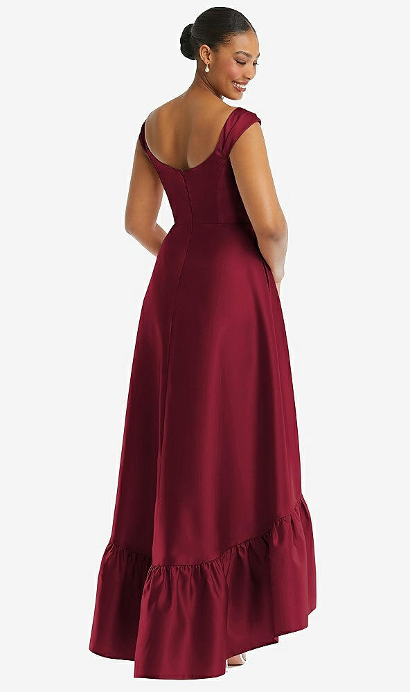 Back View - Burgundy Cap Sleeve Deep Ruffle Hem Satin High Low Dress with Pockets