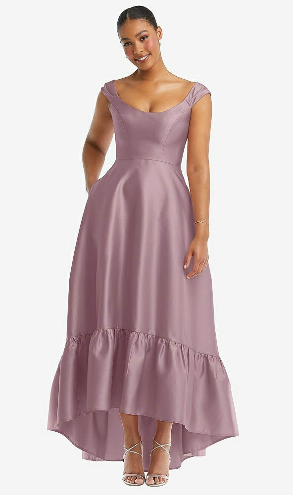 Front View - Dusty Rose Cap Sleeve Deep Ruffle Hem Satin High Low Dress with Pockets