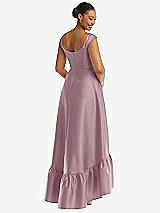 Rear View Thumbnail - Dusty Rose Cap Sleeve Deep Ruffle Hem Satin High Low Dress with Pockets