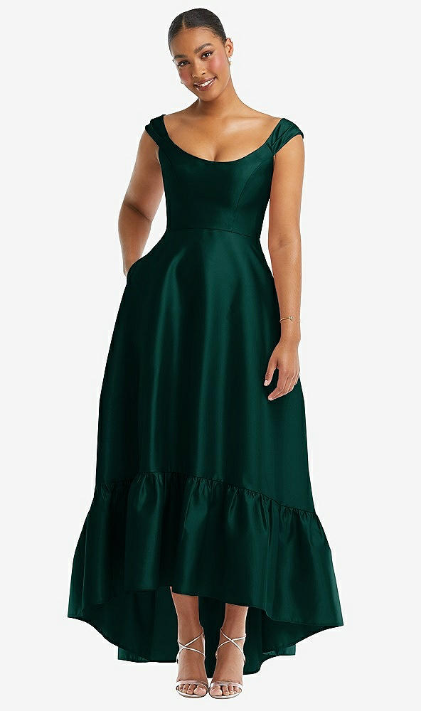 Front View - Evergreen Cap Sleeve Deep Ruffle Hem Satin High Low Dress with Pockets