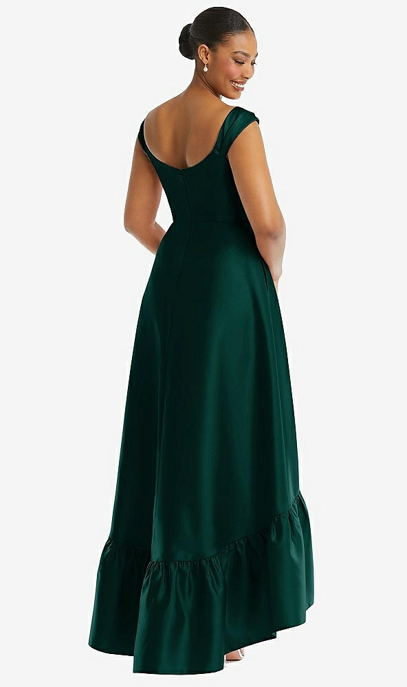 Back View - Evergreen Cap Sleeve Deep Ruffle Hem Satin High Low Dress with Pockets
