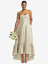 Front View Thumbnail - Champagne Strapless Deep Ruffle Hem Satin High Low Dress with Pockets