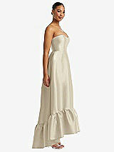 Side View Thumbnail - Champagne Strapless Deep Ruffle Hem Satin High Low Dress with Pockets