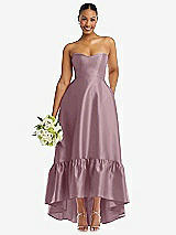 Front View Thumbnail - Dusty Rose Strapless Deep Ruffle Hem Satin High Low Dress with Pockets