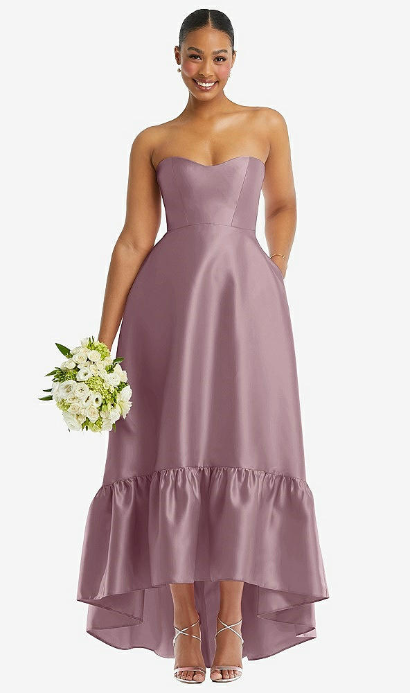 Front View - Dusty Rose Strapless Deep Ruffle Hem Satin High Low Dress with Pockets
