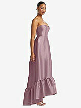 Side View Thumbnail - Dusty Rose Strapless Deep Ruffle Hem Satin High Low Dress with Pockets